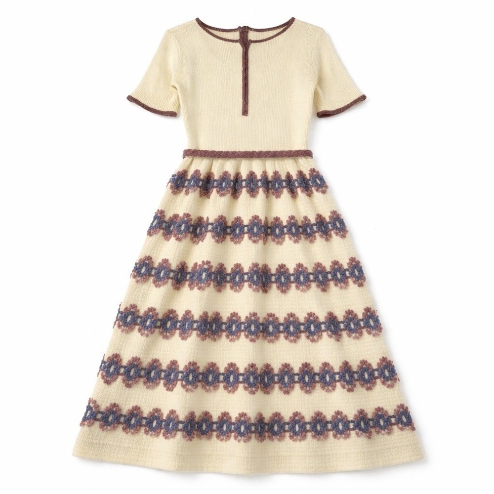 Vintage Knit Midi Dress Cream Purple Blue Crochet Floral Tiered Short Sleeve